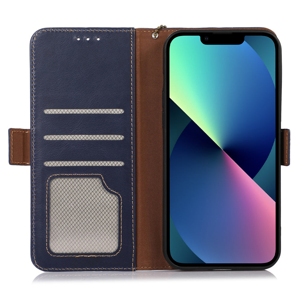 RFID Blocking Phone Case for iPhone 15 Pro Max , Genuine Cow Leather Wallet Phone Stand Cover