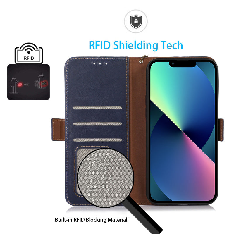 RFID Blocking Phone Case for iPhone 15 Pro Max , Genuine Cow Leather Wallet Phone Stand Cover