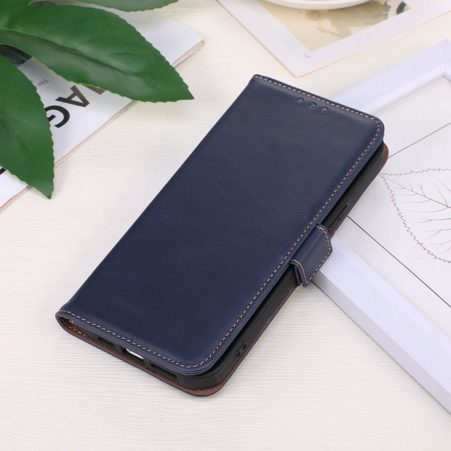 RFID Blocking Phone Case for iPhone 15 Pro Max , Genuine Cow Leather Wallet Phone Stand Cover