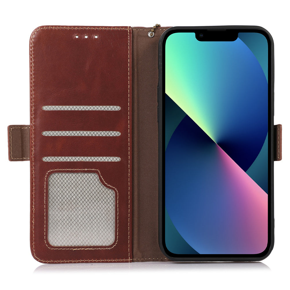 RFID Blocking Phone Case for iPhone 15 Pro Max , Genuine Cow Leather Wallet Phone Stand Cover