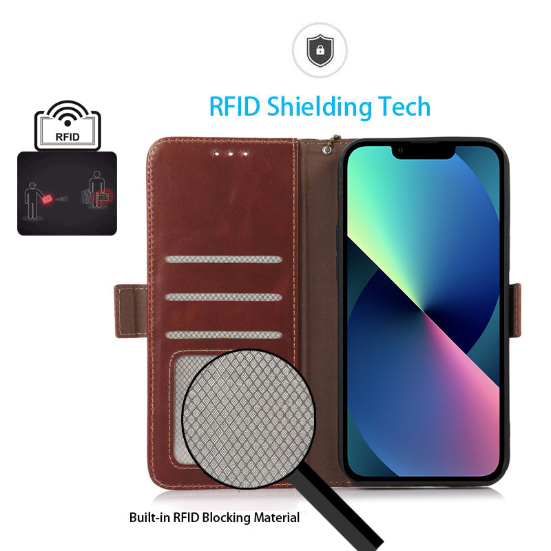 RFID Blocking Phone Case for iPhone 15 Pro Max , Genuine Cow Leather Wallet Phone Stand Cover
