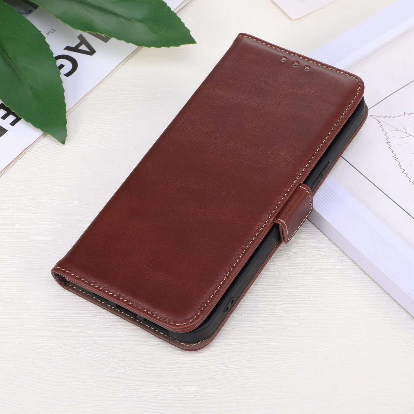 RFID Blocking Phone Case for iPhone 15 Pro Max , Genuine Cow Leather Wallet Phone Stand Cover