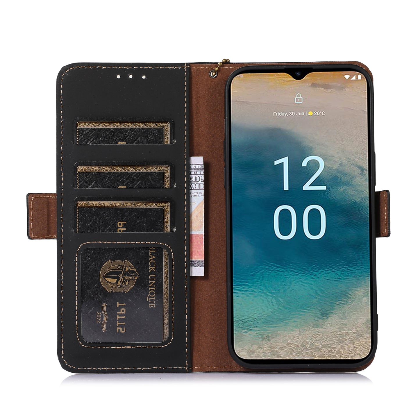 RFID Blocking Genuine Cow Leather Case for Nokia XR21, Wallet Stand Full Protection Phone Cover