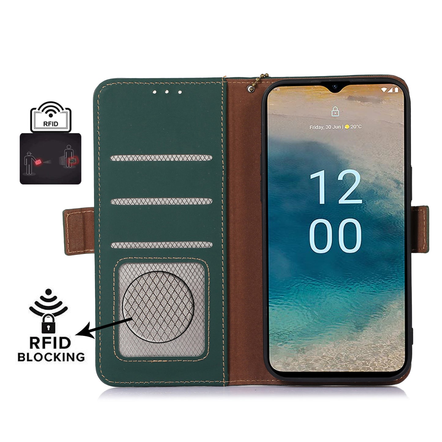 RFID Blocking Genuine Cow Leather Case for Nokia XR21, Wallet Stand Full Protection Phone Cover