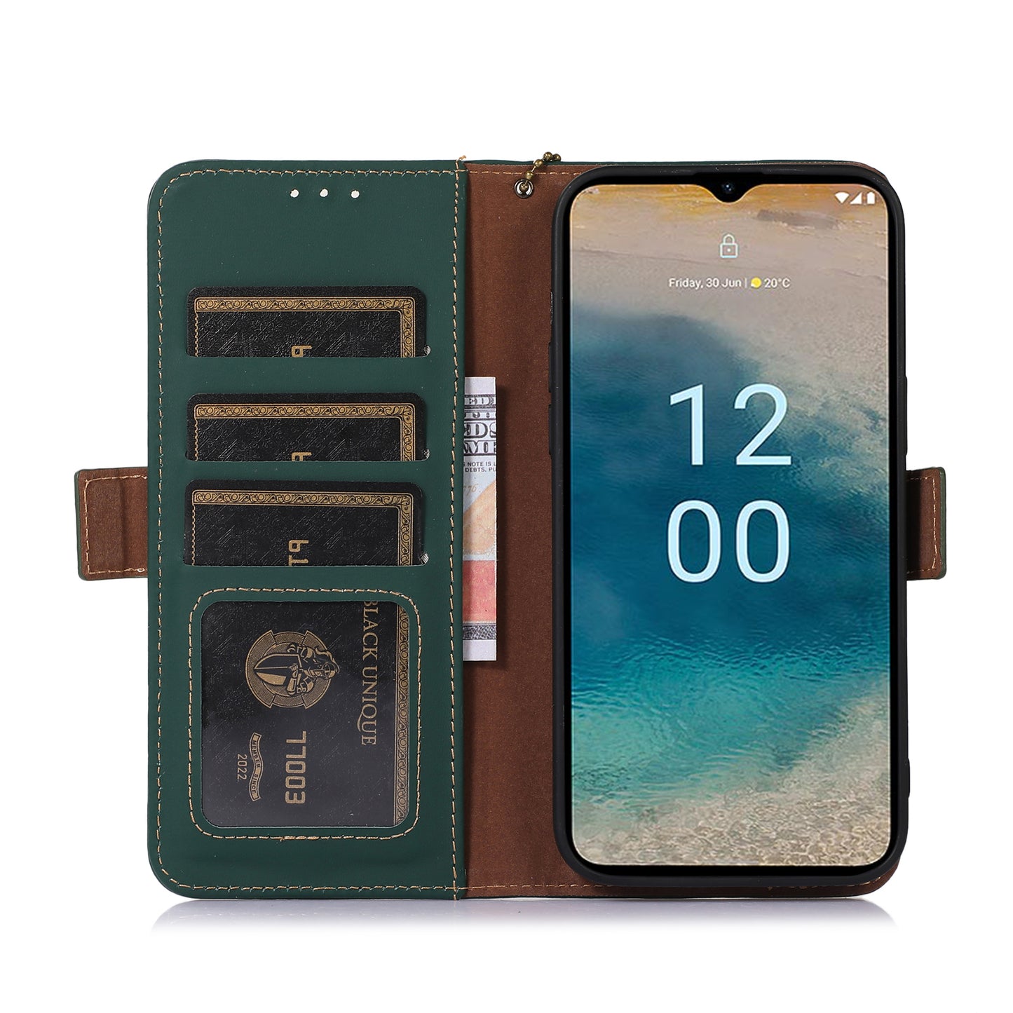 RFID Blocking Genuine Cow Leather Case for Nokia XR21, Wallet Stand Full Protection Phone Cover