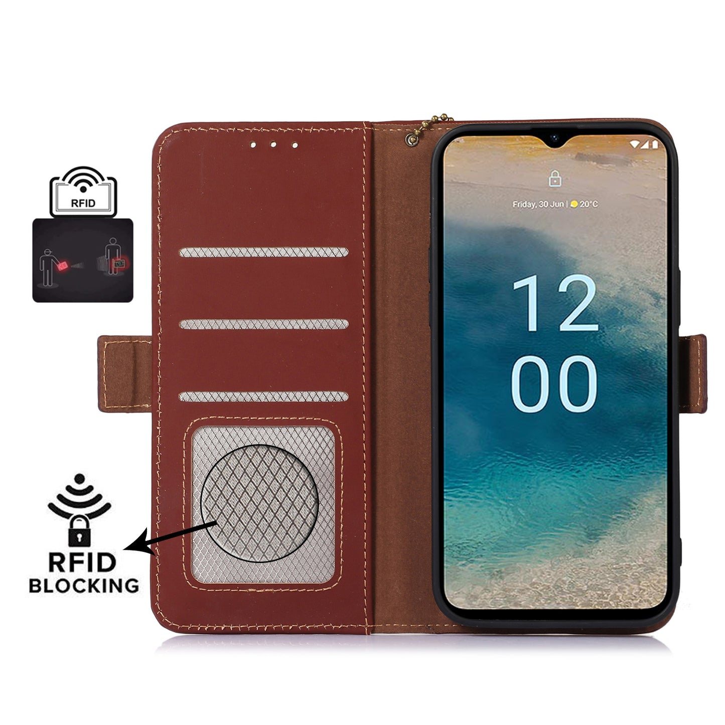 RFID Blocking Genuine Cow Leather Case for Nokia XR21, Wallet Stand Full Protection Phone Cover