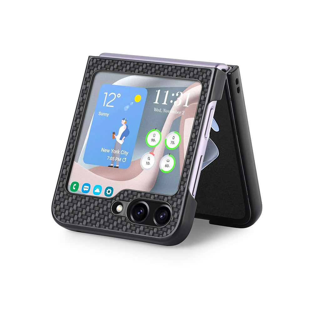 Carbon Fiber Texture PU Leather PC Cover for Samsung Galaxy Z Flip5 5G Precise Cutouts Anti-Drop Phone Case