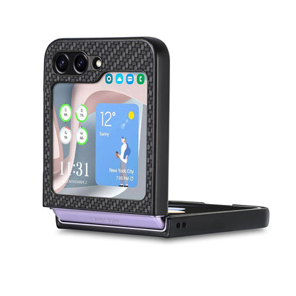 Carbon Fiber Texture PU Leather PC Cover for Samsung Galaxy Z Flip5 5G Precise Cutouts Anti-Drop Phone Case