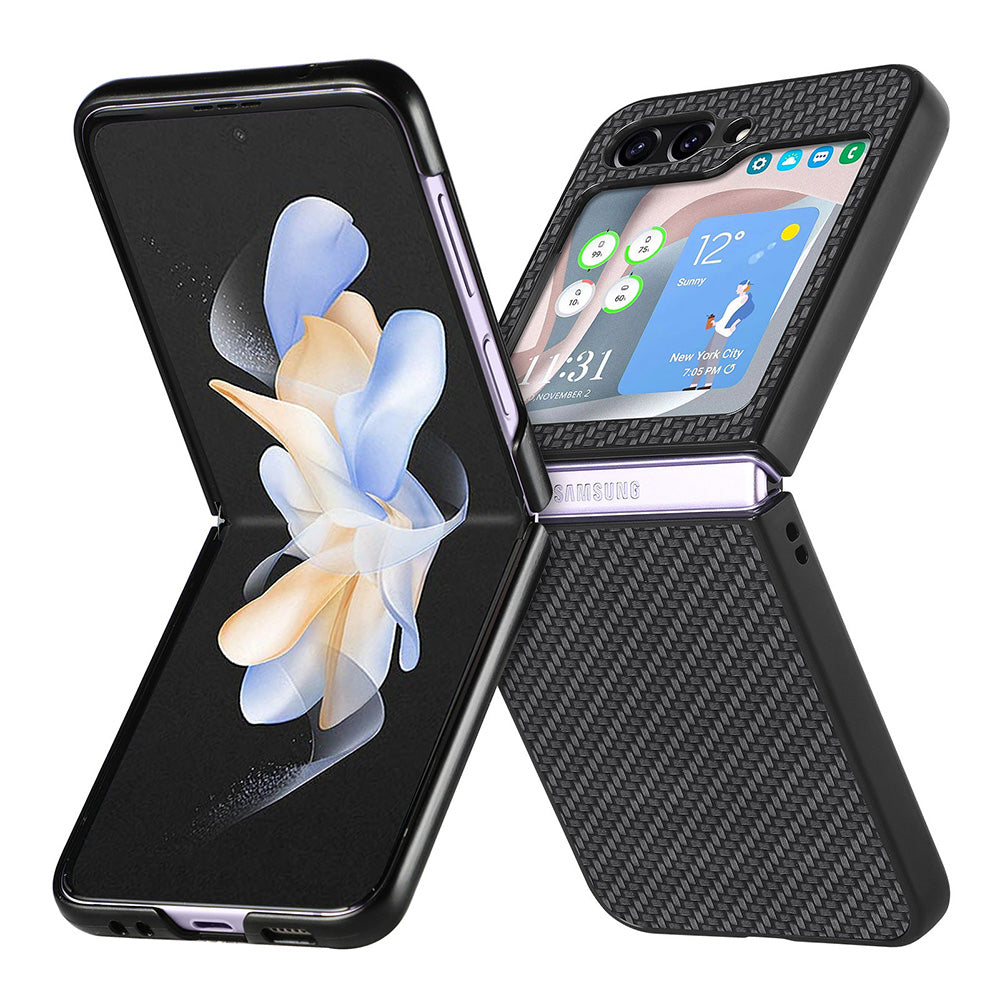 Carbon Fiber Texture PU Leather PC Cover for Samsung Galaxy Z Flip5 5G Precise Cutouts Anti-Drop Phone Case