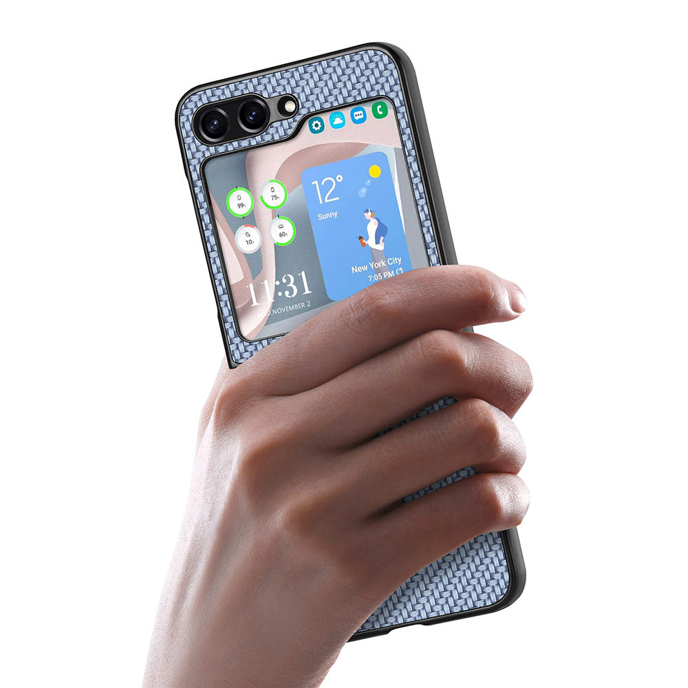 Carbon Fiber Texture PU Leather PC Cover for Samsung Galaxy Z Flip5 5G Precise Cutouts Anti-Drop Phone Case