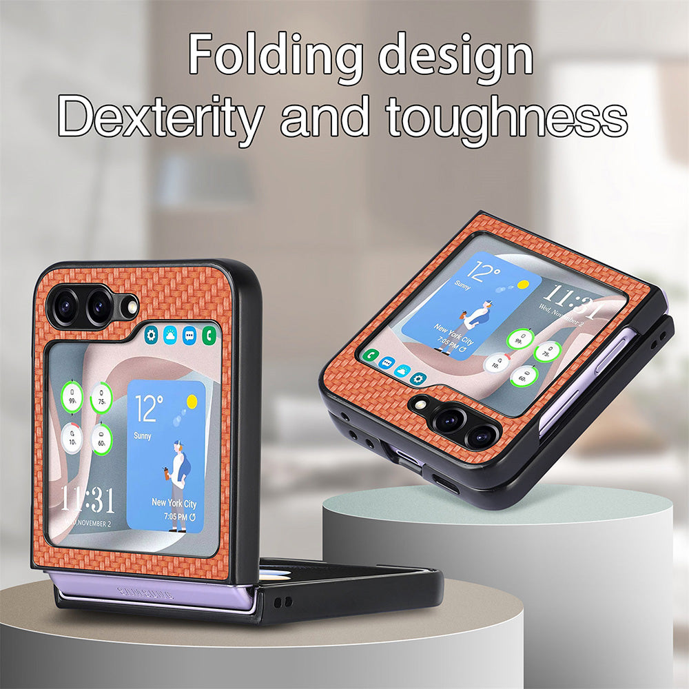 Carbon Fiber Texture PU Leather PC Cover for Samsung Galaxy Z Flip5 5G Precise Cutouts Anti-Drop Phone Case