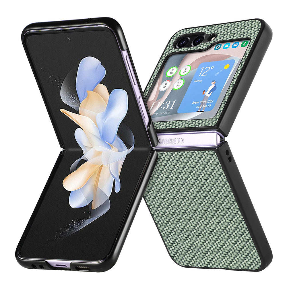 Carbon Fiber Texture PU Leather PC Cover for Samsung Galaxy Z Flip5 5G Precise Cutouts Anti-Drop Phone Case