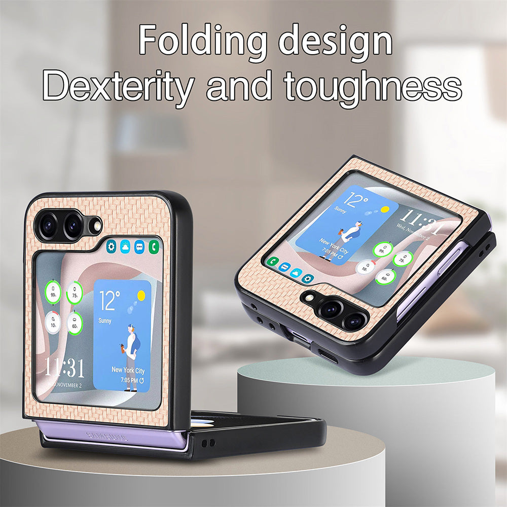 Carbon Fiber Texture PU Leather PC Cover for Samsung Galaxy Z Flip5 5G Precise Cutouts Anti-Drop Phone Case