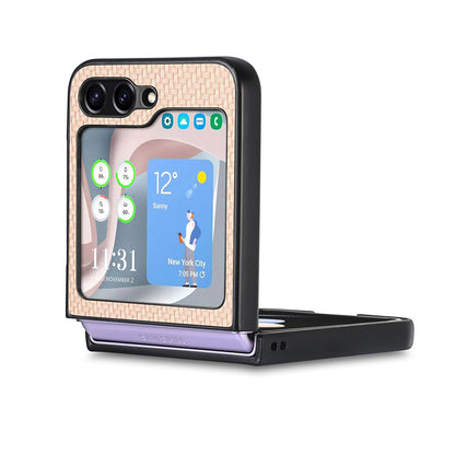 Carbon Fiber Texture PU Leather PC Cover for Samsung Galaxy Z Flip5 5G Precise Cutouts Anti-Drop Phone Case