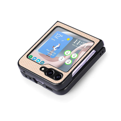 Carbon Fiber Texture PU Leather PC Cover for Samsung Galaxy Z Flip5 5G Precise Cutouts Anti-Drop Phone Case