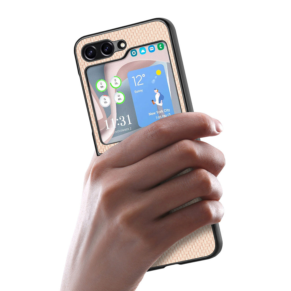 Carbon Fiber Texture PU Leather PC Cover for Samsung Galaxy Z Flip5 5G Precise Cutouts Anti-Drop Phone Case