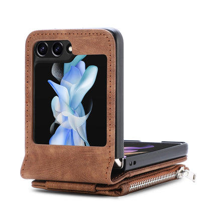 Protective Wallet Case for Samsung Galaxy Z Flip5 5G Retro PU Leather PC Phone Cover with Kickstand