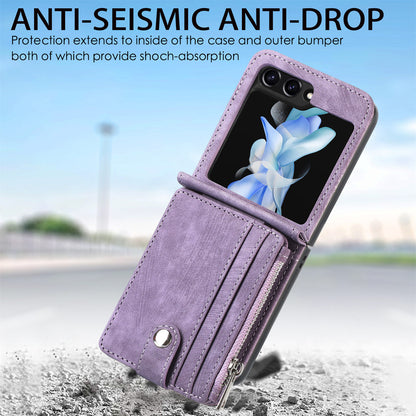 Protective Wallet Case for Samsung Galaxy Z Flip5 5G Retro PU Leather PC Phone Cover with Kickstand
