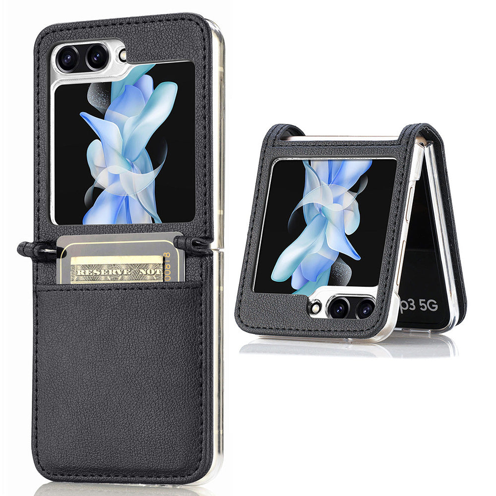 Protective Slim Case for Samsung Galaxy Z Flip5 5G Litchi Texture Card Holder PU Leather PC Phone Cover