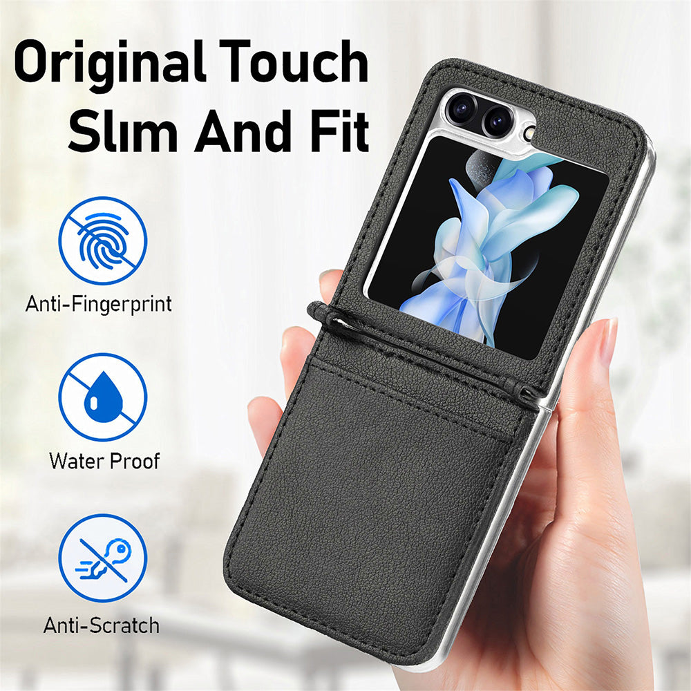 Protective Slim Case for Samsung Galaxy Z Flip5 5G Litchi Texture Card Holder PU Leather PC Phone Cover