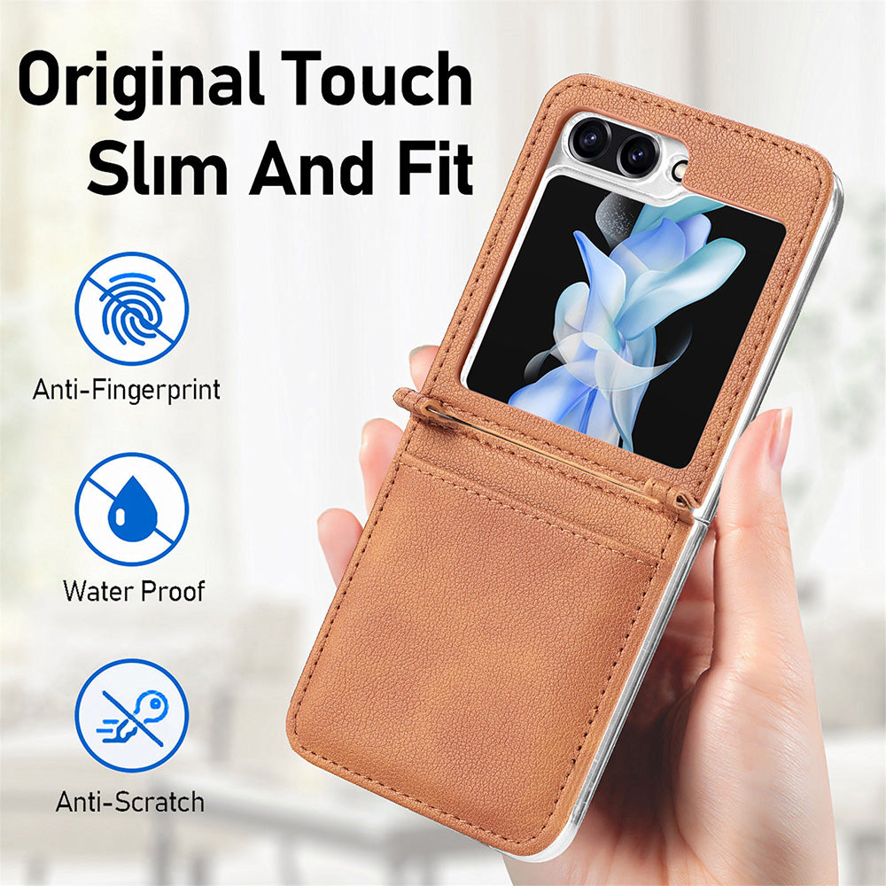 Protective Slim Case for Samsung Galaxy Z Flip5 5G Litchi Texture Card Holder PU Leather PC Phone Cover