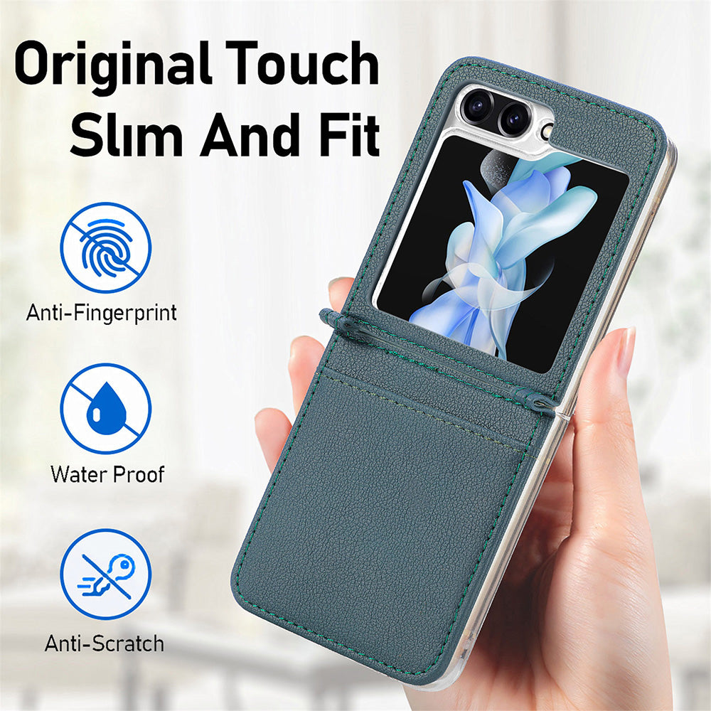 Protective Slim Case for Samsung Galaxy Z Flip5 5G Litchi Texture Card Holder PU Leather PC Phone Cover