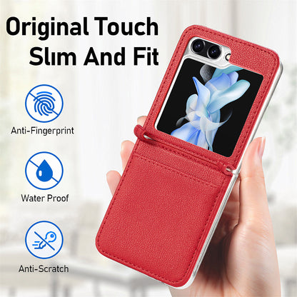 Protective Slim Case for Samsung Galaxy Z Flip5 5G Litchi Texture Card Holder PU Leather PC Phone Cover