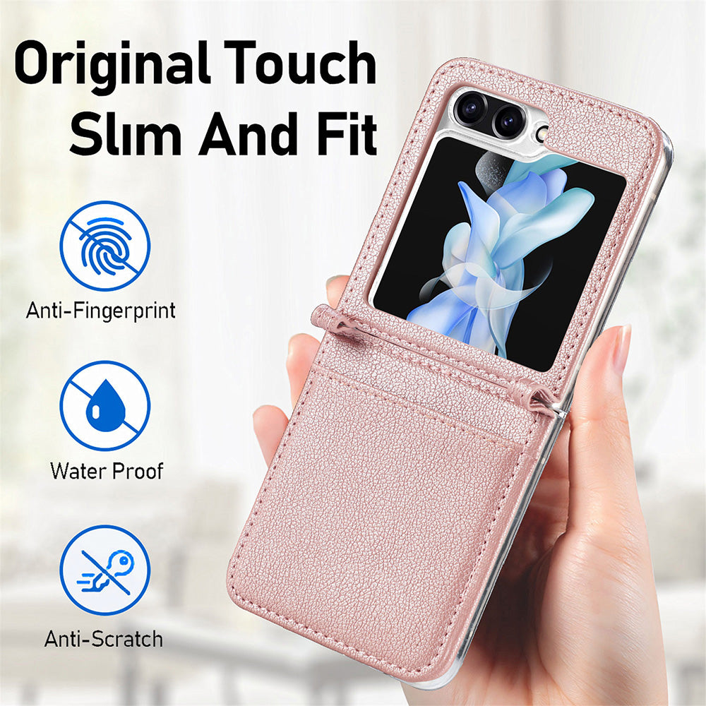 Protective Slim Case for Samsung Galaxy Z Flip5 5G Litchi Texture Card Holder PU Leather PC Phone Cover