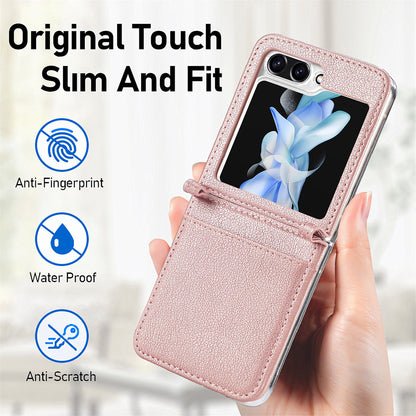 Protective Slim Case for Samsung Galaxy Z Flip5 5G Litchi Texture Card Holder PU Leather PC Phone Cover