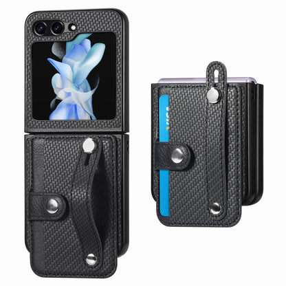 Card Slot Phone Cover for Samsung Galaxy Z Flip5 5G Carbon Fiber Texture PU Leather PC Phone Case with Kickstand