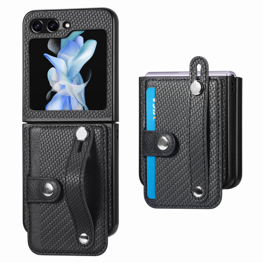 Card Slot Phone Cover for Samsung Galaxy Z Flip5 5G Carbon Fiber Texture PU Leather PC Phone Case with Kickstand