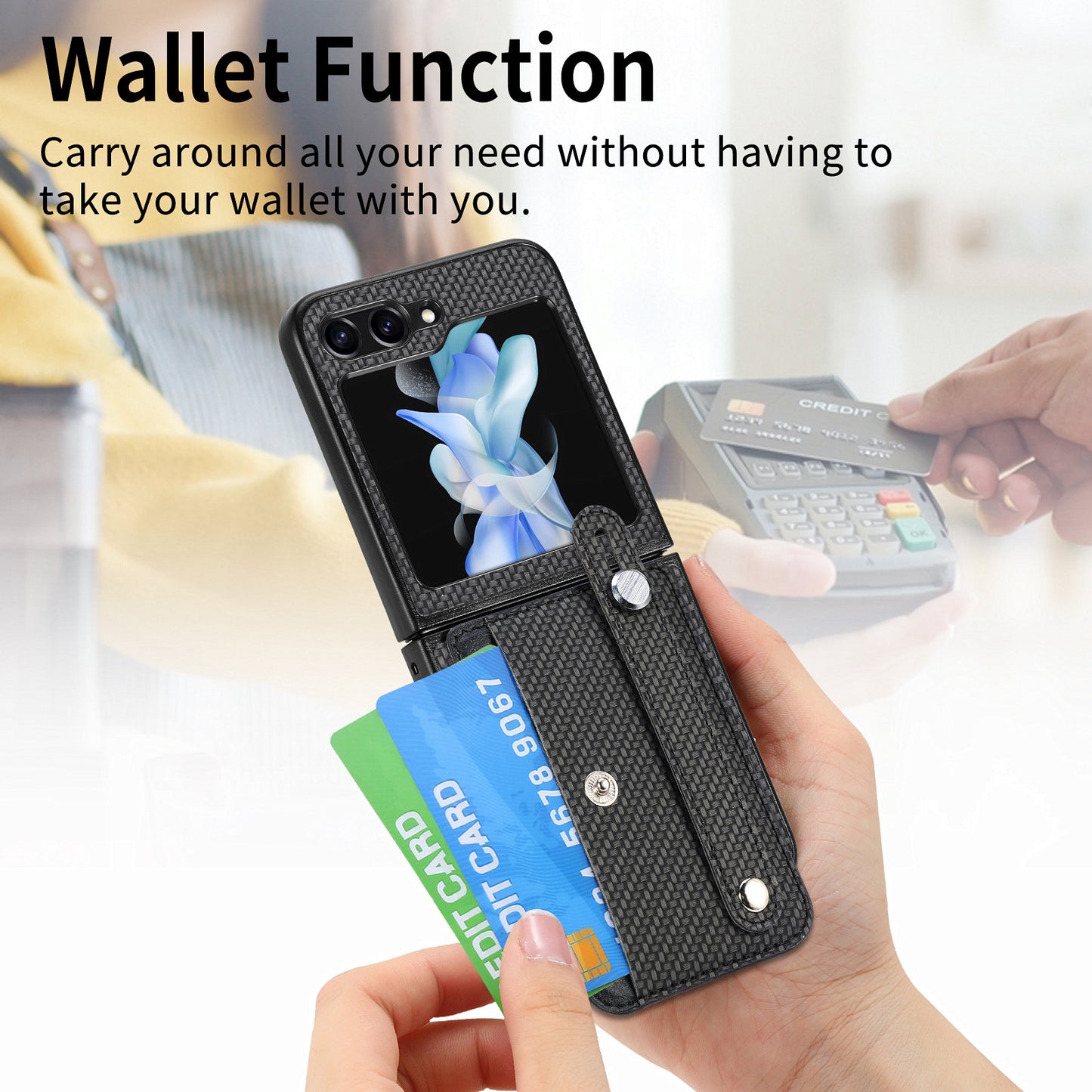 Card Slot Phone Cover for Samsung Galaxy Z Flip5 5G Carbon Fiber Texture PU Leather PC Phone Case with Kickstand