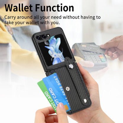 Card Slot Phone Cover for Samsung Galaxy Z Flip5 5G Carbon Fiber Texture PU Leather PC Phone Case with Kickstand