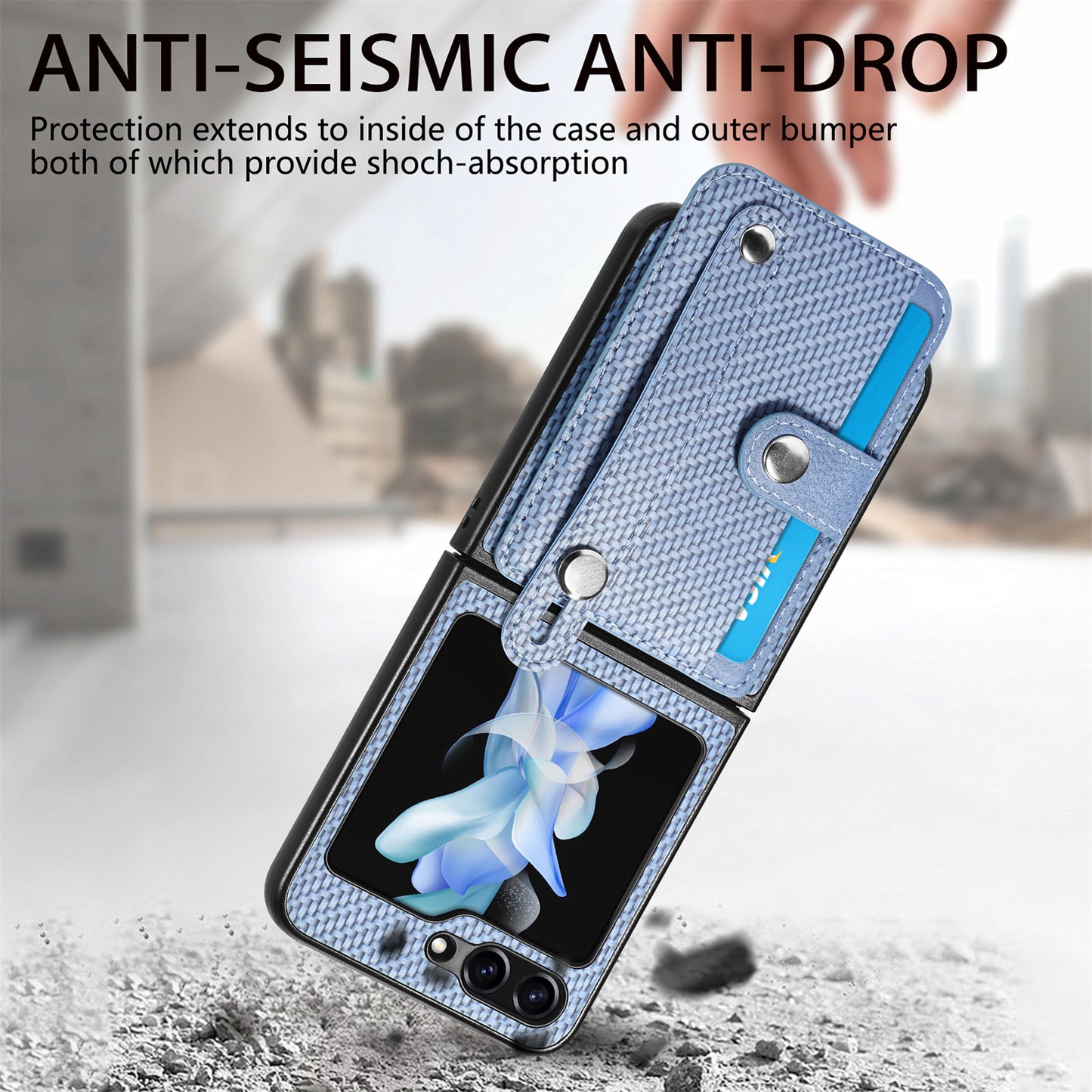 Card Slot Phone Cover for Samsung Galaxy Z Flip5 5G Carbon Fiber Texture PU Leather PC Phone Case with Kickstand