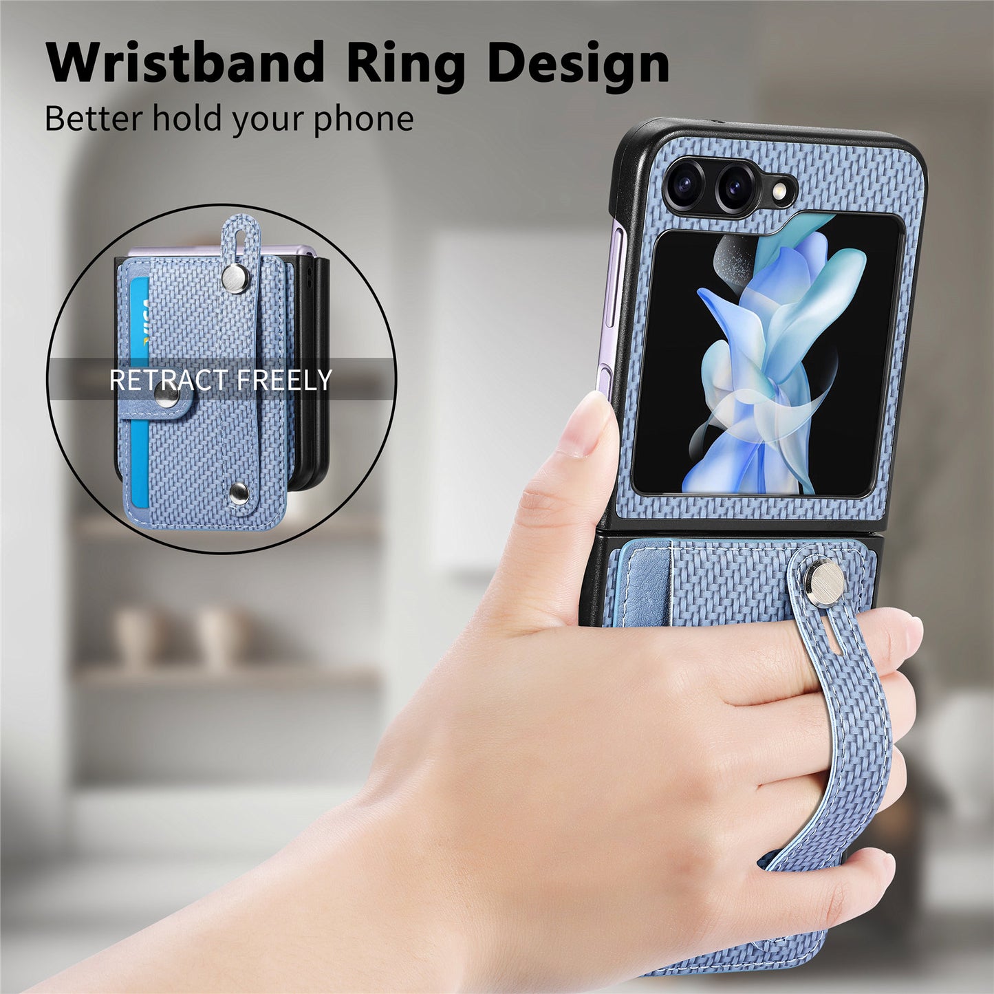 Card Slot Phone Cover for Samsung Galaxy Z Flip5 5G Carbon Fiber Texture PU Leather PC Phone Case with Kickstand