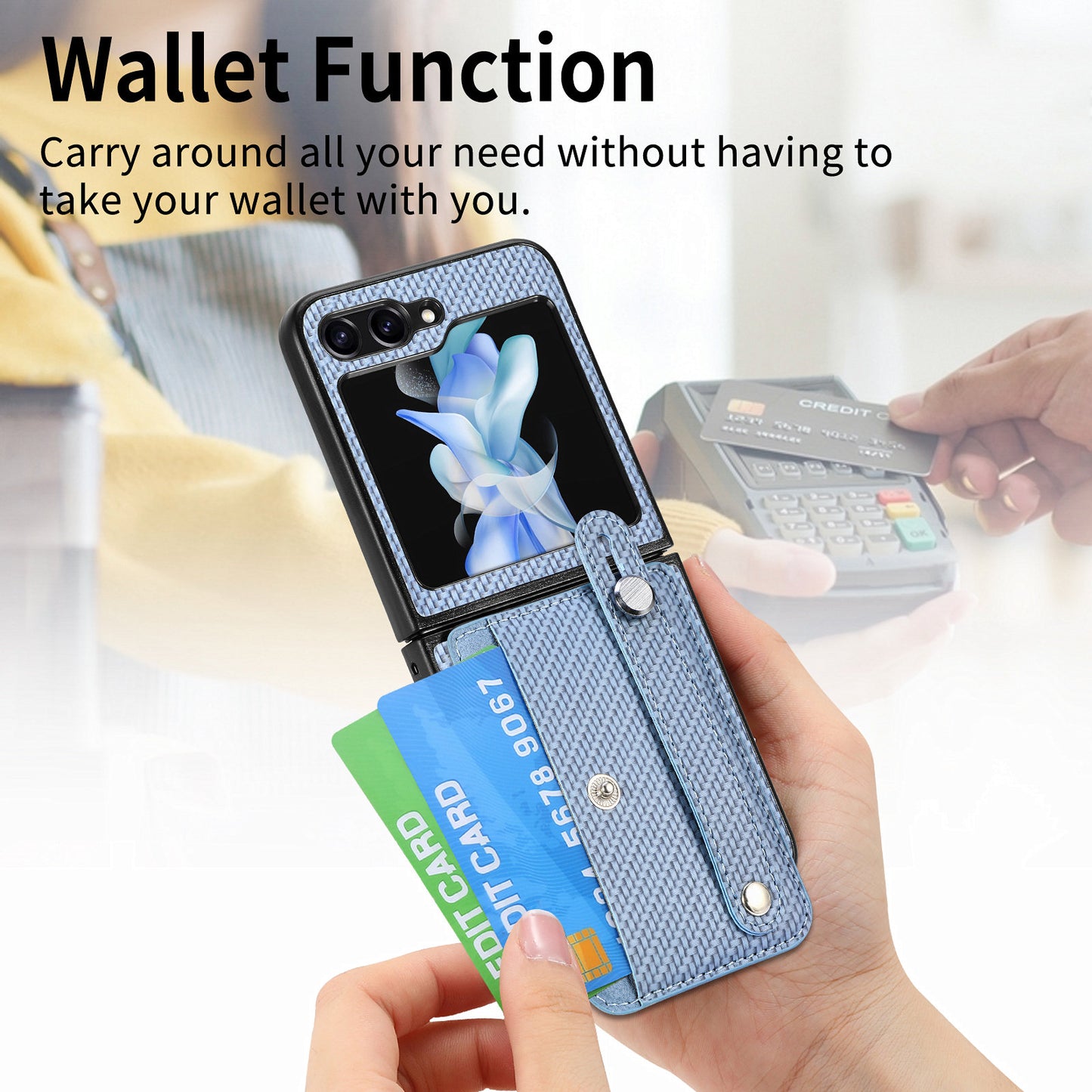 Card Slot Phone Cover for Samsung Galaxy Z Flip5 5G Carbon Fiber Texture PU Leather PC Phone Case with Kickstand