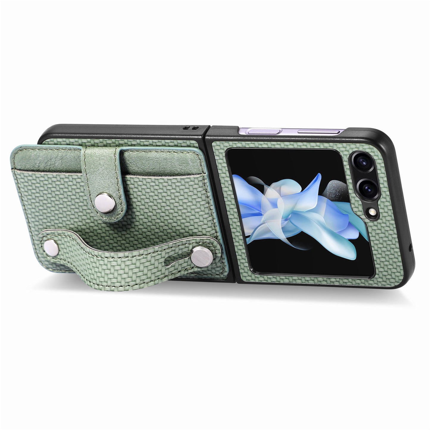 Card Slot Phone Cover for Samsung Galaxy Z Flip5 5G Carbon Fiber Texture PU Leather PC Phone Case with Kickstand