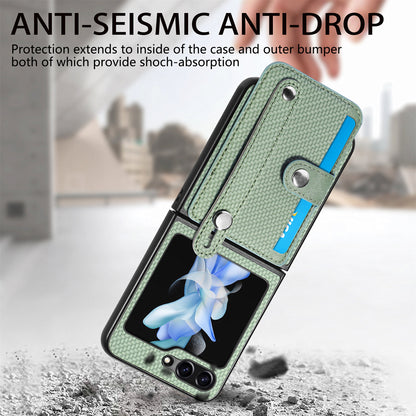 Card Slot Phone Cover for Samsung Galaxy Z Flip5 5G Carbon Fiber Texture PU Leather PC Phone Case with Kickstand