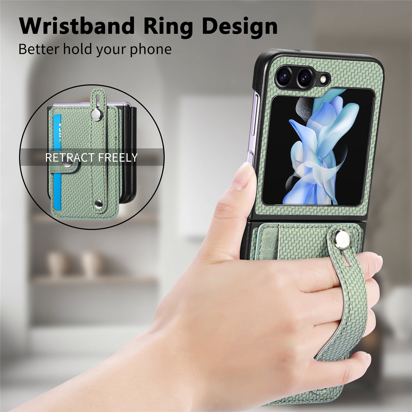 Card Slot Phone Cover for Samsung Galaxy Z Flip5 5G Carbon Fiber Texture PU Leather PC Phone Case with Kickstand