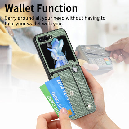 Card Slot Phone Cover for Samsung Galaxy Z Flip5 5G Carbon Fiber Texture PU Leather PC Phone Case with Kickstand