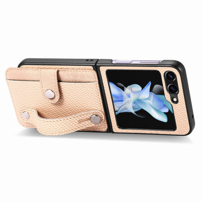 Card Slot Phone Cover for Samsung Galaxy Z Flip5 5G Carbon Fiber Texture PU Leather PC Phone Case with Kickstand