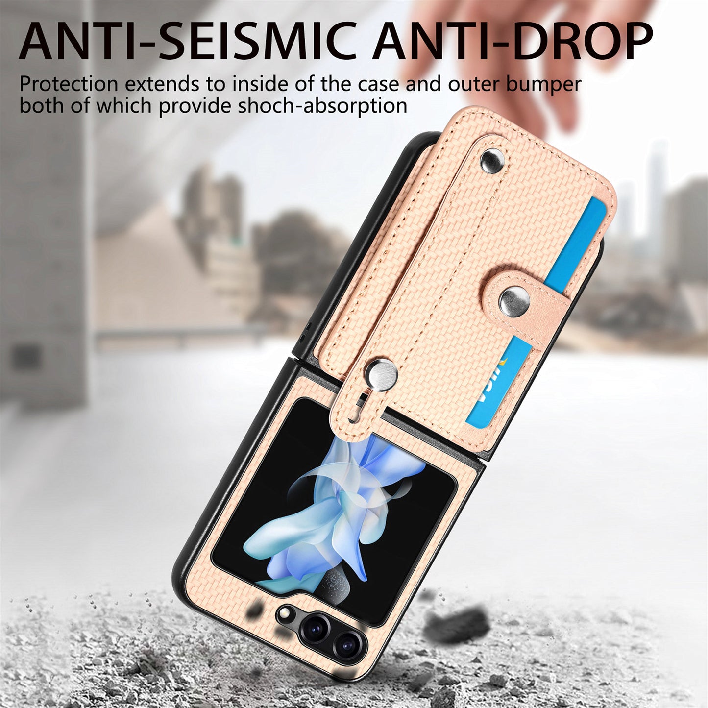 Card Slot Phone Cover for Samsung Galaxy Z Flip5 5G Carbon Fiber Texture PU Leather PC Phone Case with Kickstand