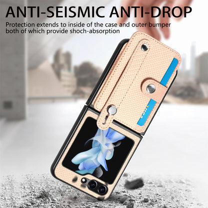 Card Slot Phone Cover for Samsung Galaxy Z Flip5 5G Carbon Fiber Texture PU Leather PC Phone Case with Kickstand