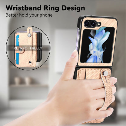 Card Slot Phone Cover for Samsung Galaxy Z Flip5 5G Carbon Fiber Texture PU Leather PC Phone Case with Kickstand