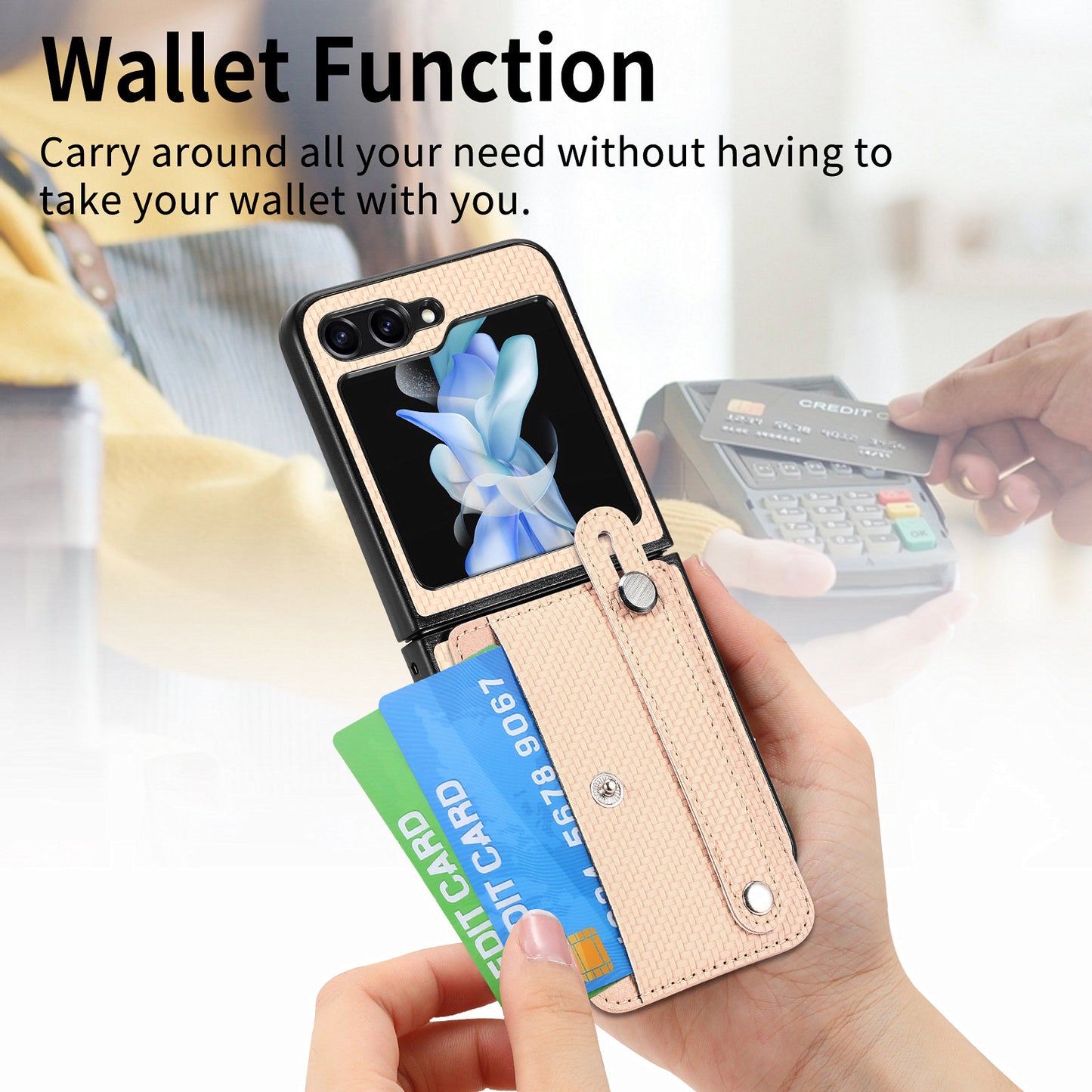 Card Slot Phone Cover for Samsung Galaxy Z Flip5 5G Carbon Fiber Texture PU Leather PC Phone Case with Kickstand