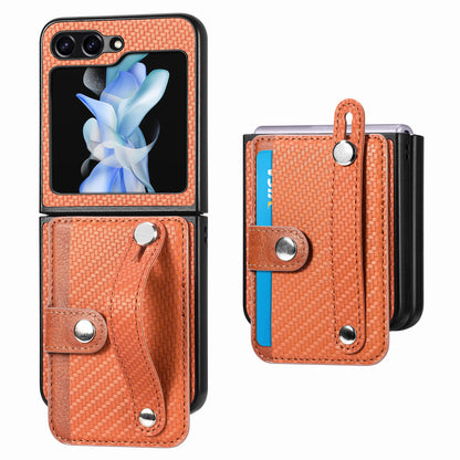 Card Slot Phone Cover for Samsung Galaxy Z Flip5 5G Carbon Fiber Texture PU Leather PC Phone Case with Kickstand