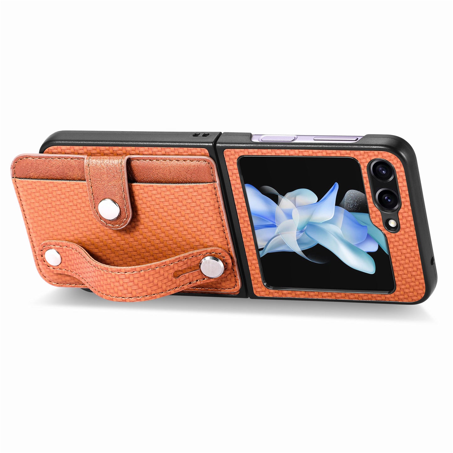 Card Slot Phone Cover for Samsung Galaxy Z Flip5 5G Carbon Fiber Texture PU Leather PC Phone Case with Kickstand