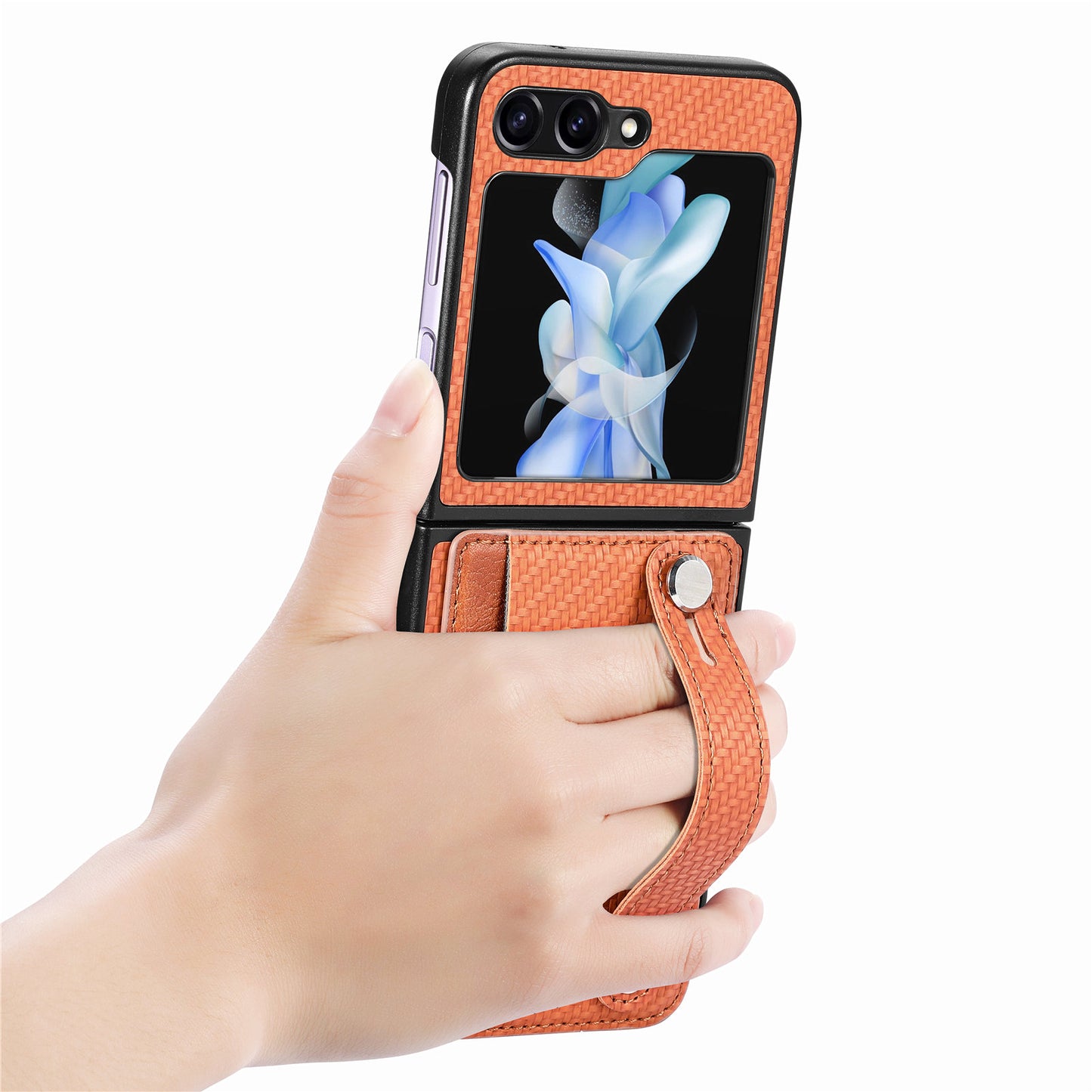 Card Slot Phone Cover for Samsung Galaxy Z Flip5 5G Carbon Fiber Texture PU Leather PC Phone Case with Kickstand