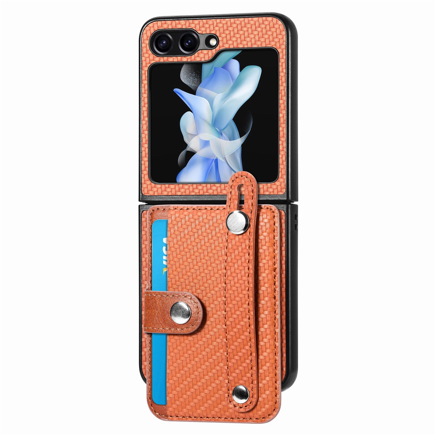 Card Slot Phone Cover for Samsung Galaxy Z Flip5 5G Carbon Fiber Texture PU Leather PC Phone Case with Kickstand