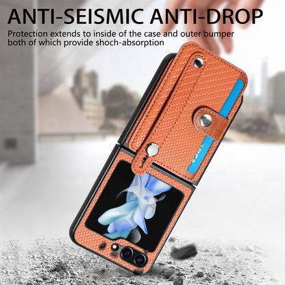 Card Slot Phone Cover for Samsung Galaxy Z Flip5 5G Carbon Fiber Texture PU Leather PC Phone Case with Kickstand
